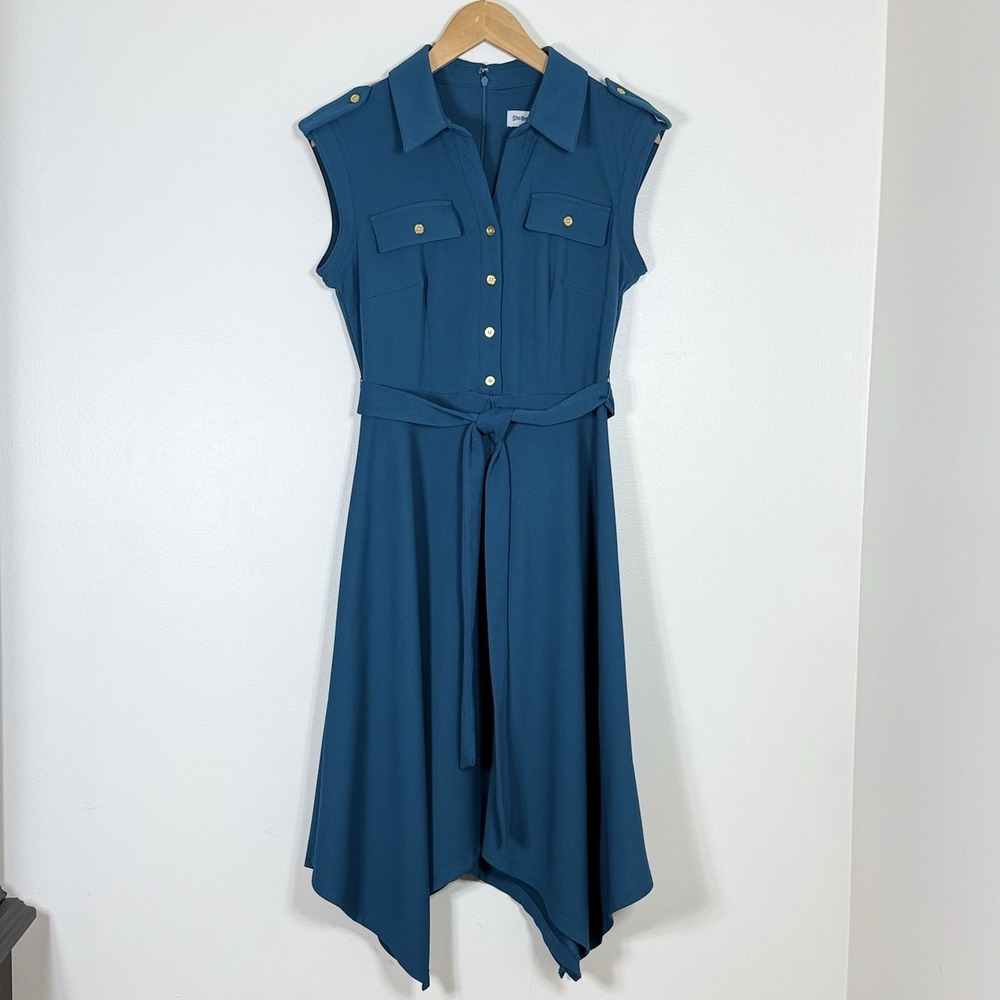 Shelby & Palmer Women Dress Size 6 Teal Handkerchief Hem Belted Midi Office Chic